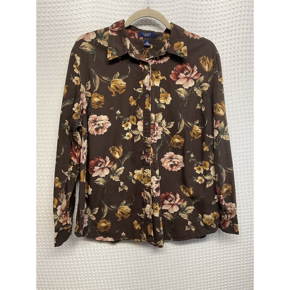 Chaps Shirt Womens Plus 1X Brown Floral Button Up Top Blouse Office Business